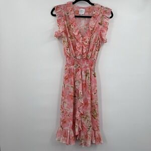 Misa Dress Womens XS Pink Fit & Flare Midi Floral Chiffon V-Neck Ruffle